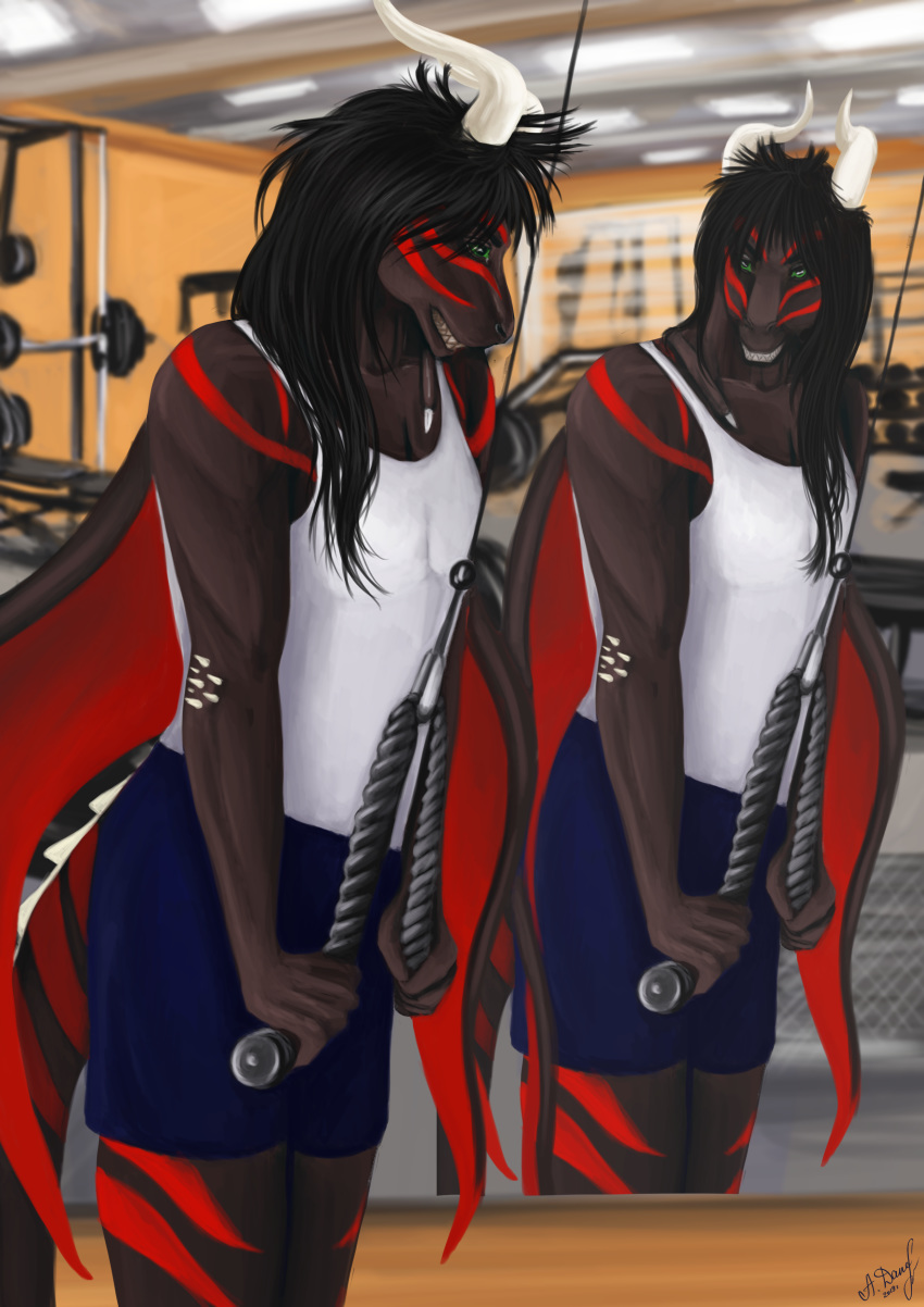 absurd_res alexandradane anthro athletic_wear black_hair dragon gym gym_equipment hair hi_res horn male membrane_(anatomy) membranous_wings mirror muscular muscular_anthro muscular_male mythological_creature mythological_scalie mythology red_stripes scalie solo stripes tail training_weights triceps wings