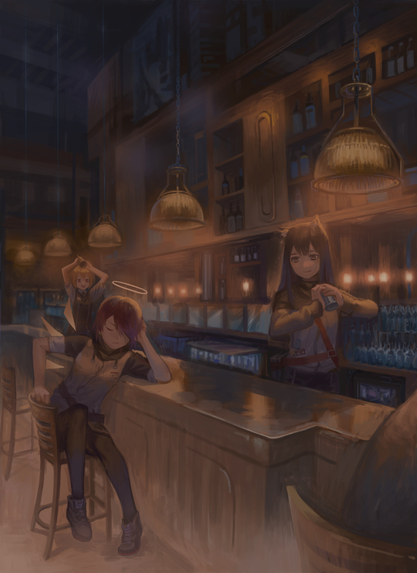 3girls absurdres animal_ears arknights bar_(place) black_hair blonde_hair cat_ears chinese_commentary commentary_request exusiai_(arknights) hat highres indoors long_hair multiple_girls pantyhose photoshop_(medium) red_hair school_hat sitting sora_(arknights) texas_(arknights) yurayura