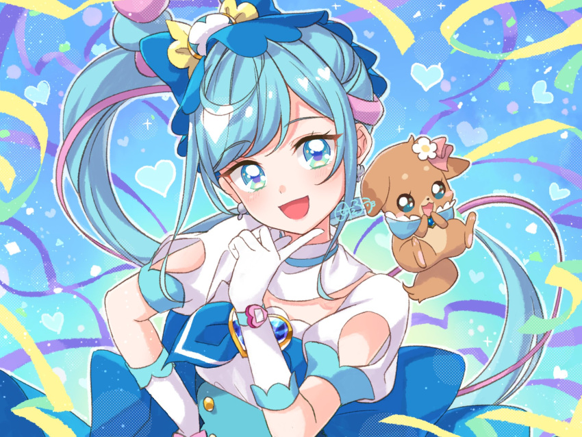 apron blue_background blue_eyes blue_hair blue_theme brooch canine cure_spicy delicious_party_precure earrings female fuwa_kokone gloves heart heart_background heart_brooch highres huge_bow jewelry long_hair looking_at_viewer magical_girl open_mouth pam-pam_(precure) precure puffy_short_sleeves puffy_sleeves senotarou shirt short_sleeves side_ponytail smartwatch smile upper_body very_long_hair watch white_gloves white_shirt wristwatch