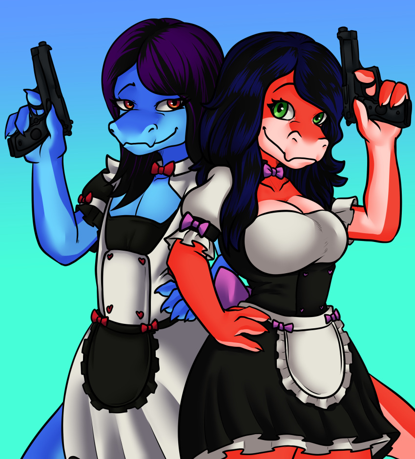 absurd_res anthro beaverbastard blue_body blue_hair blue_scales bow_tie breasts cleavage clothed clothing cobalt_(brighton1138) duo eyelashes female femboy feylene_(brighton1138) green_eyes gun hair handgun hi_res highlights_(coloring) kobold long_hair maid_uniform male male/female pistol pose purple_hair ranged_weapon red_body red_eyes red_scales scales sibling_(lore) smile twins_(lore) uniform weapon