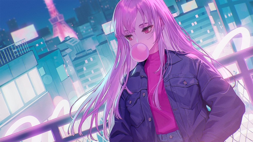 billboard blowing_bubbles chewing_gum cityscape denim ekao end_of_a_life_(mori_calliope) female hands_in_pockets hololive hololive_english jacket jeans long_hair looking_to_the_side mori_calliope official_alternate_costume official_art pants pink_hair railing red_eyes tokyo_tower turtleneck virtual_youtuber