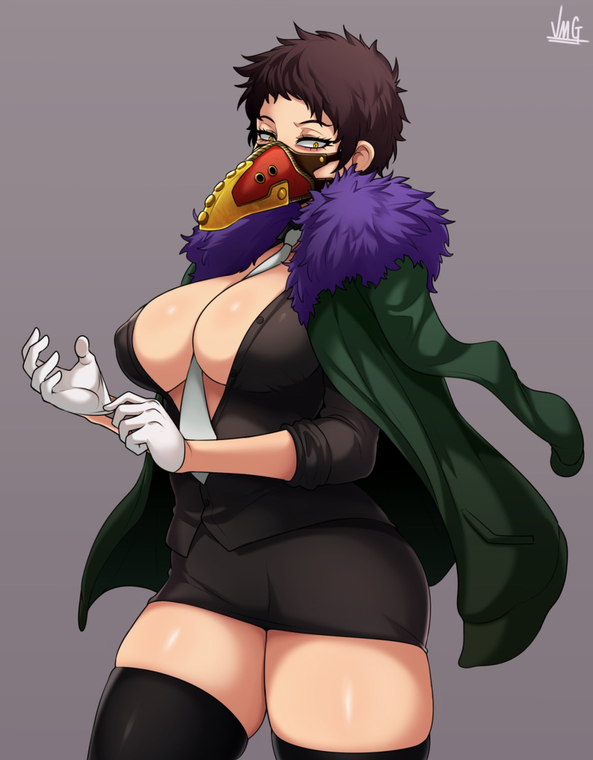 adjusting_clothes adjusting_gloves black_shirt black_skirt boku_no_hero_academia breasts brown_hair buttons cleavage feather_trim female genderswap_(mtf) gloves green_jacket highres jacket jmg large_breasts looking_at_viewer mask necktie open_clothes open_shirt overhaul_(boku_no_hero_academia) plague_doctor_mask rule_63 serious shirt short_hair skirt thighhighs thighs unbuttoned white_gloves white_necktie yellow_eyes