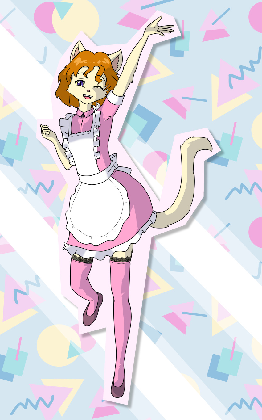 2023 5:8 absurd_res anthro apron clothing digital_media_(artwork) farrah_furcett felid felin female fur geometric_background hair hi_res kawaoneechan legwear looking_at_viewer maid_uniform mammal simple_background solo stockings tail uniform