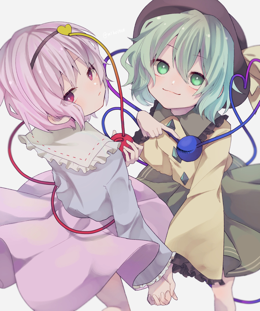 2girls :/ :3 absurdres black_hairband black_headwear blouse blue_shirt blush bright_pupils buttons closed_mouth commentary diamond_button feet_out_of_frame frilled_shirt_collar frilled_sleeves frills from_above green_eyes green_hair green_skirt grey_background hair_between_eyes hair_ornament hairband hat hat_ribbon heart heart_hair_ornament heart_of_string highres holding holding_hands interlocked_fingers komeiji_koishi komeiji_satori long_sleeves looking_at_viewer looking_back looking_up multiple_girls pink_eyes pink_hair pink_skirt ribbon ribbon_trim sahata_saba shirt short_hair siblings simple_background sisters skirt third_eye touhou twitter_username white_pupils wide_sleeves yellow_ribbon yellow_shirt