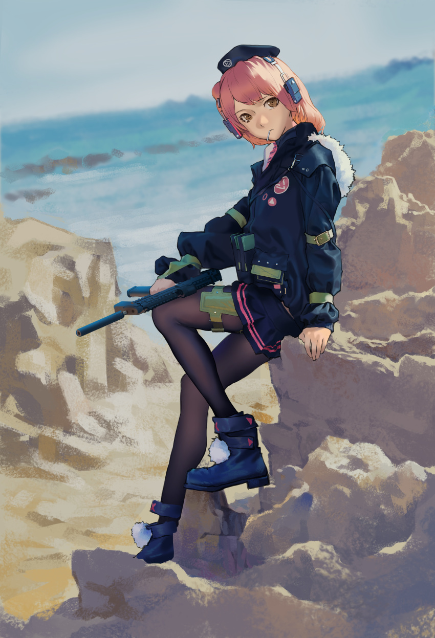 absurdres bad_id bad_pixiv_id black_footwear black_jacket black_pantyhose boots brown_eyes candy chinese_commentary commentary_request female food food_in_mouth girls'_frontline gun hat highres holding holding_weapon jacket lollipop long_sleeves mp7_(girls'_frontline) outdoors pantyhose photoshop_(medium) pink_hair short_hair sitting solo weapon yurayura