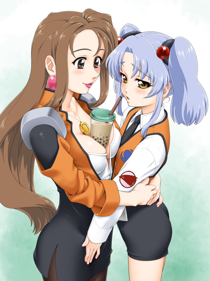 2girls black_necktie black_pantyhose black_skirt blue_background blue_hair blush breasts brown_eyes brown_hair bubble_tea cleavage closed_mouth detached_sleeves earrings fuji_shinobu gradient_background hair_bobbles hair_ornament haruka_minato highres hoshino_ruri hug jewelry kidou_senkan_nadesico lips lipstick long_hair makeup multiple_girls necklace necktie orange_vest pantyhose parted_lips red_lips shirt simple_background skirt twintails very_long_hair vest white_background white_shirt yellow_eyes