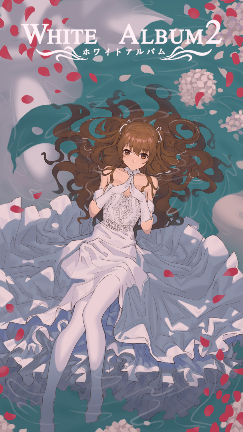 absurdres afloat brown_eyes brown_hair chinese_commentary choker commentary_request dress elbow_gloves female fingers_together gloves highres long_dress long_hair looking_at_viewer ogiso_setsuna pantyhose photoshop_(medium) solo wedding_dress white_album_(series) white_album_2 white_choker white_dress white_gloves white_pantyhose yurayura