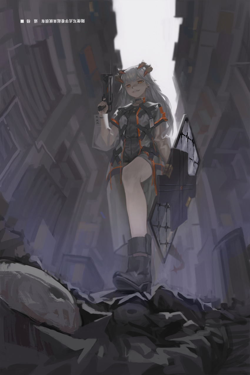 absurdres arknights black_choker black_footwear boots chinese_commentary choker commentary_request female from_below grin gun highres holding holding_weapon horns jacket long_hair long_sleeves looking_at_viewer looking_down orange_eyes photoshop_(medium) saria_(arknights) sharp_teeth smile solo syringe_gun teeth weapon white_hair white_jacket yurayura