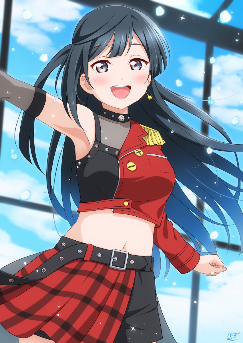 absurdres armpits asymmetrical_jacket asymmetrical_skirt belt black_belt black_eyes black_hair black_shirt black_shorts blue_sky blush breasts buttons clenched_hand cloud crop_top detached_sleeves dive!_(love_live!) epaulettes eyelashes female glass_wall half-skirt hand_up haruharo_(haruharo_7315) highres jacket long_hair long_sleeves looking_at_viewer love_live! love_live!_nijigasaki_high_school_idol_club medium_breasts midriff navel open_mouth overskirt plaid plaid_skirt red_jacket red_skirt see-through shirt shorts side_ponytail signature single_epaulette skirt sky smile solo tank_top teeth upper_teeth_only water_drop yuki_setsuna_(love_live!)