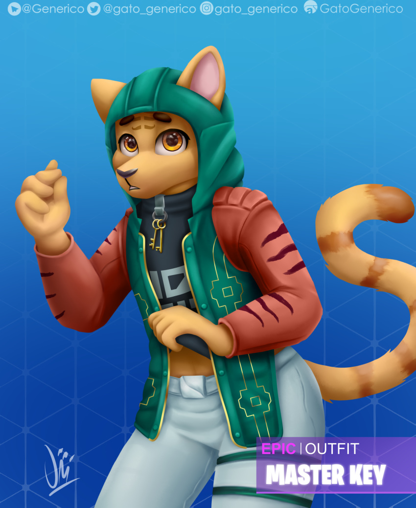 2019 absurd_res anthro clothed clothing digital_media_(artwork) epic_games felid fortnite fur gatogenerico hi_res hoodie looking_at_viewer male mammal master_key_(fortnite) pantherine simple_background solo tan_body tan_fur tiger topwear