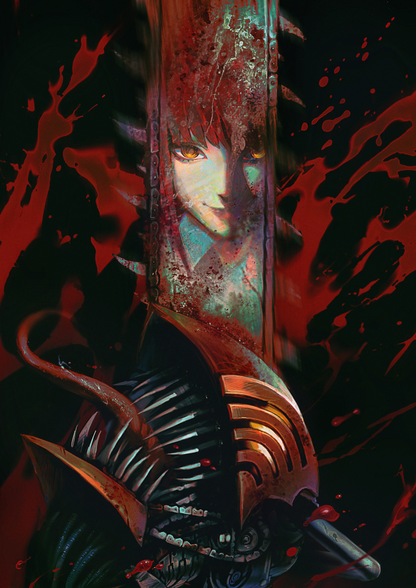 1boy black_background blood blood_on_weapon blood_splatter chainsaw chainsaw_man collared_shirt dark_background denji_(chainsaw_man) facing_up female glowing glowing_eye highres looking_at_viewer makima_(chainsaw_man) medium_hair motion_blur open_mouth red_hair red_theme reflection sharp_teeth shirt sidelocks simple_background smile teeth tongue tongue_out weapon white_shirt yellow_eyes zoe_(crownsforkings)