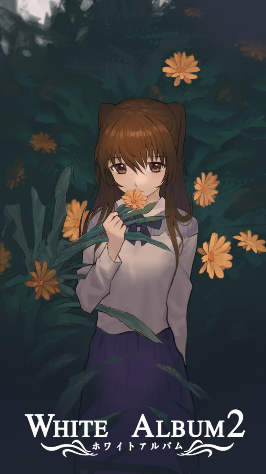 blue_skirt brown_eyes brown_hair chinese_commentary commentary_request female flower hand_up highres long_hair long_sleeves looking_at_viewer ogiso_setsuna partial_commentary photoshop_(medium) shirt skirt smile solo white_album_(series) white_album_2 white_shirt yellow_flower yurayura