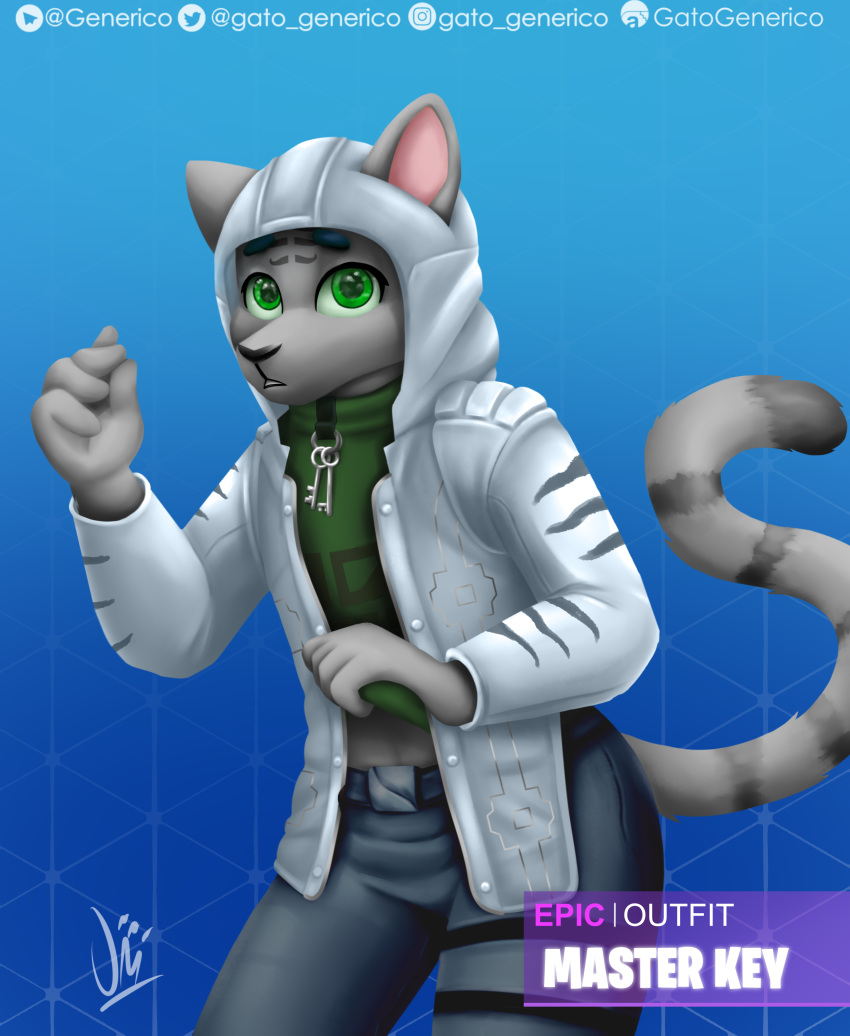 2019 absurd_res anthro clothed clothing digital_media_(artwork) epic_games felid fortnite fur gatogenerico hi_res hoodie looking_at_viewer male mammal master_key_(fortnite) pantherine simple_background solo tan_body tan_fur tiger topwear