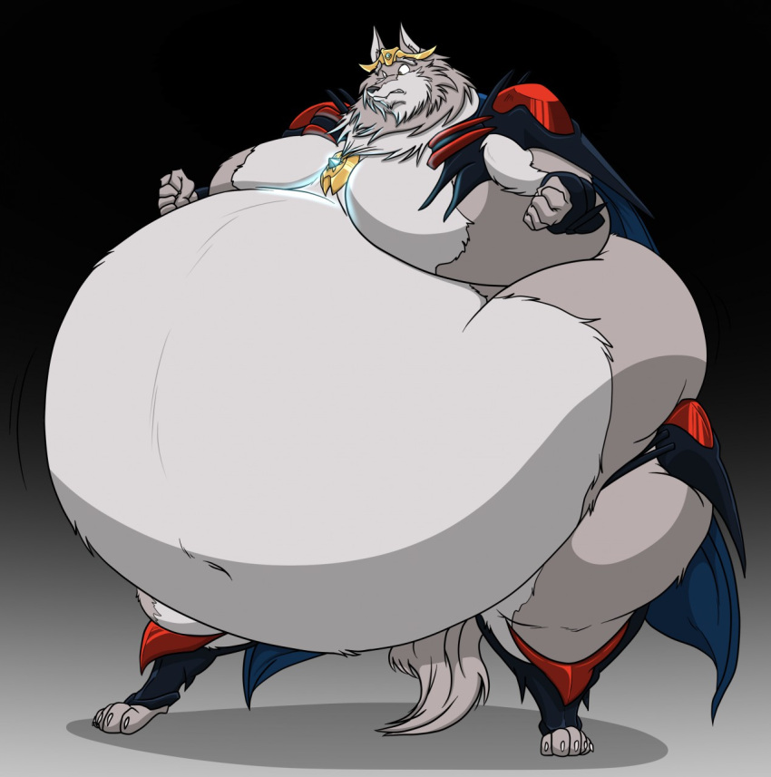 2015 anthro belly big_belly canid canine canis cape claws clenched_teeth clothing crown ears_up fist fur greyfus headgear hectorthewolf hi_res looking_worried male mammal morbidly_obese morbidly_obese_anthro morbidly_obese_male mostly_nude navel obese obese_anthro obese_male overweight overweight_anthro overweight_male solo standing tail tail_between_legs teeth toe_claws wide_eyed wild_knights_gulkeeva wolf