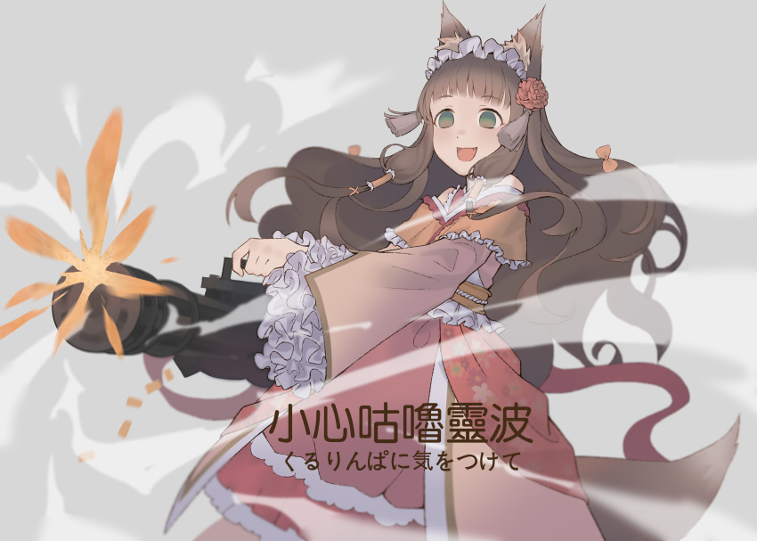 :d absurdres animal_ear_fluff animal_ears blunt_bangs blurry blush bow brown_hair chinese_commentary commentary_request dress empty_eyes female firing floral_print flower fox_ears fox_girl fox_tail frilled_hairband frilled_sleeves frills gatling_gun green_eyes hair_flower hair_ornament hair_tubes hairband hairbow highres holding holding_weapon japanese_clothes long_dress long_hair long_sleeves maho_(princess_connect!) muzzle_flash oerba_yun_fang open_mouth photoshop_(medium) princess_connect! simple_background smile smoke solo tail tassel weapon wide_sleeves x_hair_ornament yurayura