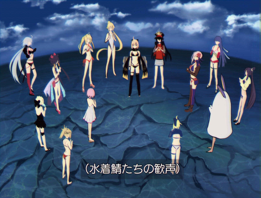 6+girls american_flag american_flag_bikini american_flag_print animal_ears artoria_pendragon_(alter_swimsuit_rider)_(fate) artoria_pendragon_(alter_swimsuit_rider)_(first_ascension)_(fate) artoria_pendragon_(fate) barefoot baseball_cap bikini black_bikini black_dress black_hair blonde_hair blue_bikini blue_sky casual_one-piece_swimsuit clapping commentary cosplay dress dress_swimsuit fate/grand_order fate_(series) flag_print grey_hair grey_skirt hair_bun hat highres jackal_ears jacket jeanne_d'arc_(fate) jeanne_d'arc_(swimsuit_archer)_(fate) jeanne_d'arc_(swimsuit_archer)_(second_ascension)_(fate) jeanne_d'arc_alter_(fate) jeanne_d'arc_alter_(swimsuit_berserker)_(fate) katsushika_hokusai_(fate) katsushika_hokusai_(swimsuit_saber)_(fate) letterman_jacket light_purple_hair long_hair martha_(fate) mash_kyrielight mash_kyrielight_(swimsuit_of_perpetual_summer) medjed_(fate) medjed_(fate)_(cosplay) meme miyamoto_musashi_(fate) miyamoto_musashi_(swimsuit_berserker)_(fate) miyamoto_musashi_(swimsuit_berserker)_(second_ascension)_(fate) mordred_(fate) mordred_(swimsuit_rider)_(fate) mordred_(swimsuit_rider)_(first_ascension)_(fate) multiple_girls mysterious_heroine_xx_(fate) neon_genesis_evangelion nero_claudius_(fate) nero_claudius_(swimsuit_caster)_(fate) nitocris_(fate) nitocris_(swimsuit_assassin)_(fate) oda_nobunaga_(fate) oda_nobunaga_(swimsuit_berserker)_(fate) oda_nobunaga_(swimsuit_berserker)_(first_ascension)_(fate) official_alternate_costume okita_j._souji_(fate) okita_j._souji_(first_ascension)_(fate) okita_souji_(fate) omedetou!_(meme) one-piece_swimsuit parody pink_hair ponytail print_bikini purple_hair red_bikini short_hair shrug_(clothing) side_ponytail single_hair_bun skirt sky string_bikini swimsuit translated twintails ulrich_(tagaragakuin) ushiwakamaru_(fate) ushiwakamaru_(swimsuit_assassin)_(fate) ushiwakamaru_(swimsuit_assassin)_(first_ascension)_(fate) very_long_hair white_bikini white_dress white_one-piece_swimsuit