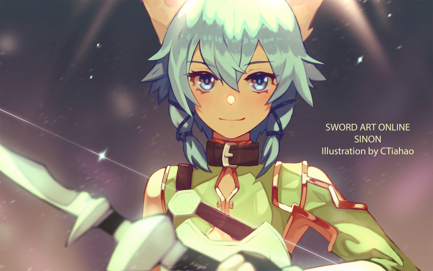 animal_ear_fluff animal_ears armpits artist_name bare_shoulders blue_eyes blue_hair bow bow_(weapon) cat_ears cat_girl character_name choker close-up copyright_name ctiahao female highres holding holding_bow_(weapon) holding_weapon light_bow_shekinah light_smile looking_at_viewer sinon sinon_(sao-alo) smile solo straight-on sword_art_online upper_body weapon