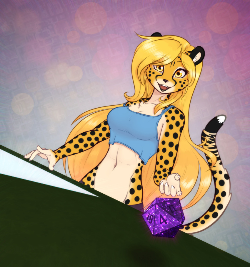 2020 5_fingers absurd_res amber_eyes anthro blonde_hair breasts cheetah claws clothed clothing d20 dice digital_media_(artwork) felid feline female fingers fur hair hi_res long_hair mammal markings mihari open_mouth open_smile scorpdk smile solo spots spotted_body spotted_fur topwear