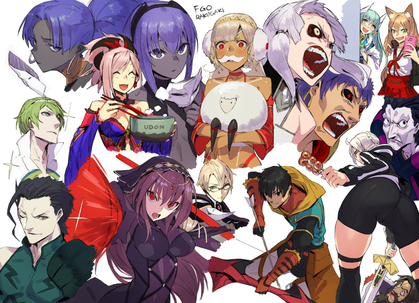 6+boys 6+girls :d ;) ^_^ ainezu altera_(fate) altera_the_santa_(fate) animal_ears aqua_hair arash_(fate) armor artoria_pendragon_(fate) ass assassin_(fate/zero) bare_back bare_shoulders beard bike_shorts black_gloves black_hair black_sclera black_thighhighs blonde_hair blush bodysuit bow_(weapon) bowl braid breasts brown_eyes brown_hair caligula_(fate) cellphone chopsticks circlet cleavage closed_eyes colored_sclera commentary covered_navel dango dark-skinned_female dark_skin david_(fate) detached_sleeves diarmuid_ua_duibhne_(lancer)_(fate) earmuffs earrings edward_teach_(fate) excalibur_(fate/stay_night) facial_hair fake_facial_hair fake_mustache fate/grand_order fate_(series) food forehead fox_ears gae_bolg_(fate) gilles_de_rais_(caster)_(fate) glasses gloves green_eyes green_hair hair_between_eyes hassan_of_serenity_(fate) holding holding_bow_(weapon) holding_knife holding_polearm holding_sword holding_weapon hood hug jacket jekyll_and_hyde_(fate) jewelry kiyohime_(fate) knife long_hair looking_at_viewer mask miyamoto_musashi_(fate) miyamoto_musashi_(third_ascension)_(fate) multiple_boys multiple_girls mysterious_heroine_x_alter_(fate) navel neck_ring one_eye_closed open_mouth pauldrons penthesilea_(fate) phone polearm ponytail purple_hair red_eyes sash scathach_(fate) sheep short_hair shoulder_armor simple_background skirt smartphone smile spear suzuka_gozen_(fate) sword tattoo teeth thighhighs unworn_mask veil very_dark_skin wagashi weapon white_background white_hair