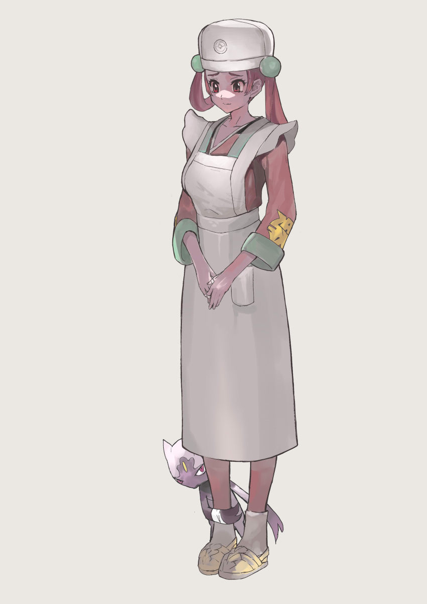 absurdres apron closed_mouth collarbone commentary_request eyelashes female full_body hat highres hiro_(user_negm3832) hisuian_sneasel logo own_hands_together pesselle_(pokemon) pink_shirt pokemon pokemon_(creature) pokemon_legends:_arceus raised_eyebrows shirt shoes socks standing v-neck white_apron white_background white_headwear yellow_footwear