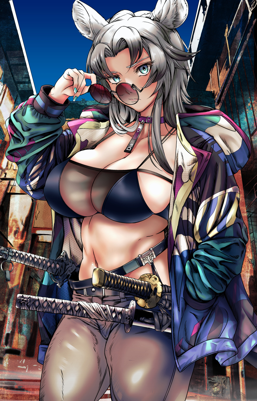 :/ absurdres adjusting_eyewear akegata_tobari animal_collar animal_ear_fluff animal_ears belt bikini bikini_top_only black_hair blue_eyes breasts brown_pants cleavage closed_mouth collar collarbone cowboy_shot day female fingernails green_nails grey_hair hand_in_pocket hand_on_eyewear hand_up highres holding holding_removed_eyewear hood hood_down hooded_jacket jacket large_breasts lips long_hair long_sleeves looking_at_viewer midriff multicolored_clothes multicolored_hair multicolored_jacket nail_polish navel open_clothes open_jacket original outdoors pants pocket purple_collar red-tinted_eyewear round_eyewear scabbard sheath sheathed skindentation solo stomach sunglasses swimsuit sword sword_hilt tinted_eyewear two-tone_hair unworn_eyewear weapon