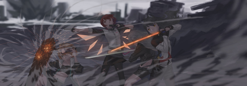 3girls absurdres animal_ears arknights cat_ears chinese_commentary commentary_request croissant_(arknights) energy_sword exusiai_(arknights) gun halo highres lappland_(arknights) long_hair multiple_girls partial_commentary photoshop_(medium) shield short_hair smoke_trail sword texas_(arknights) weapon wings yurayura