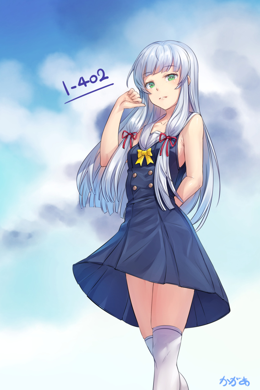 absurdres aoki_hagane_no_arpeggio arm_behind_back arpeggio_kaga blue_hair blush breasts character_name closed_mouth cloud collarbone commentary_request day dress female green_eyes highres i-402_(aoki_hagane_no_arpeggio) long_hair looking_at_viewer outdoors over-kneehighs pleated_dress sailor_dress sky sleeveless sleeveless_dress small_breasts solo standing thighhighs very_long_hair white_thighhighs