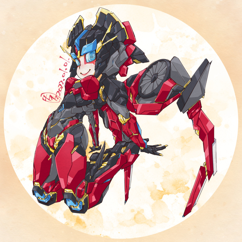 absurdres autobot blue_eyes breasts dated deformed female from_side highres humanoid_robot looking_at_viewer mecha mechanical_wings medium_breasts open_hands panties red_panties robot robot_girl science_fiction signature smile solo tatsuta_shin'ichi transformers underwear windblade wings