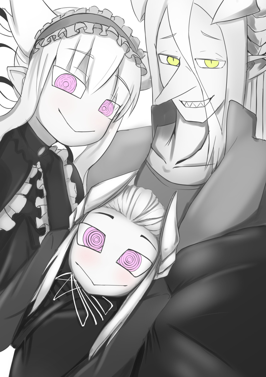 2boys @_@ albert_(mazohaha) demon_boy demon_girl demon_horns drake_(mazohaha) family family_portrait female goth_fashion gothic_lolita highres horns limited_palette lolita_fashion long_hair mastered_sd monochrome multiple_boys musuko_ga_kawaikute_shikatanai_mazoku_no_hahaoya nightmare_(mazohaha) pointy_ears pointy_nose purple_eyes sharp_teeth smile spoilers teeth white_horns