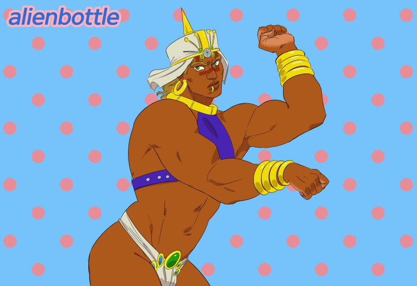 1boy abs absurdres bara battle_tendency blonde_hair dancing dark-skinned_male dark_skin demonicboimike earrings easy_breezy eizouken_ni_wa_te_wo_dasu_na! highres hoop_earrings jewelry jojo_no_kimyou_na_bouken large_pectorals lip_piercing lip_ring loincloth male_focus mature_male muscular muscular_male navel nipples parody pectorals piercing simple_background solo stomach tattoo turban wamuu