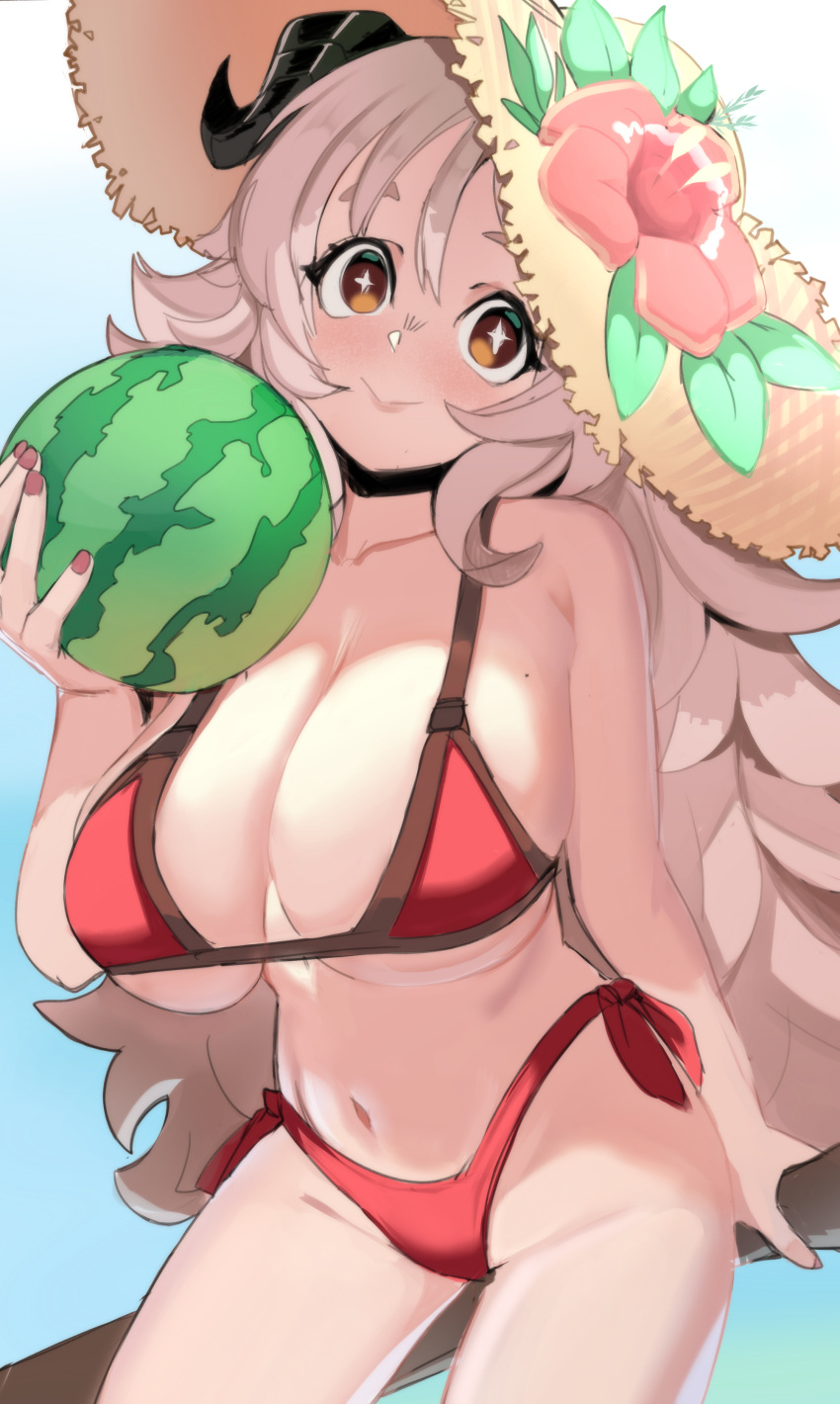 absurdres beach bikini blue_archive blue_sky breasts brown_eyes cleavage collarbone demon_girl demon_horns female flower food fruit grey_hair hair_between_eyes hair_down hat hat_flower highres holding holding_food horns izumi_(blue_archive) izumi_(swimsuit)_(blue_archive) large_breasts long_hair looking_at_viewer mole mole_on_breast nail_polish navel official_alternate_costume official_alternate_hairstyle outdoors red_bikini red_nails sho-n-d side-tie_bikini_bottom sidelocks sitting sky smile solo sparkling_eyes stomach straw_hat swimsuit symbol-shaped_pupils watermelon wavy_hair