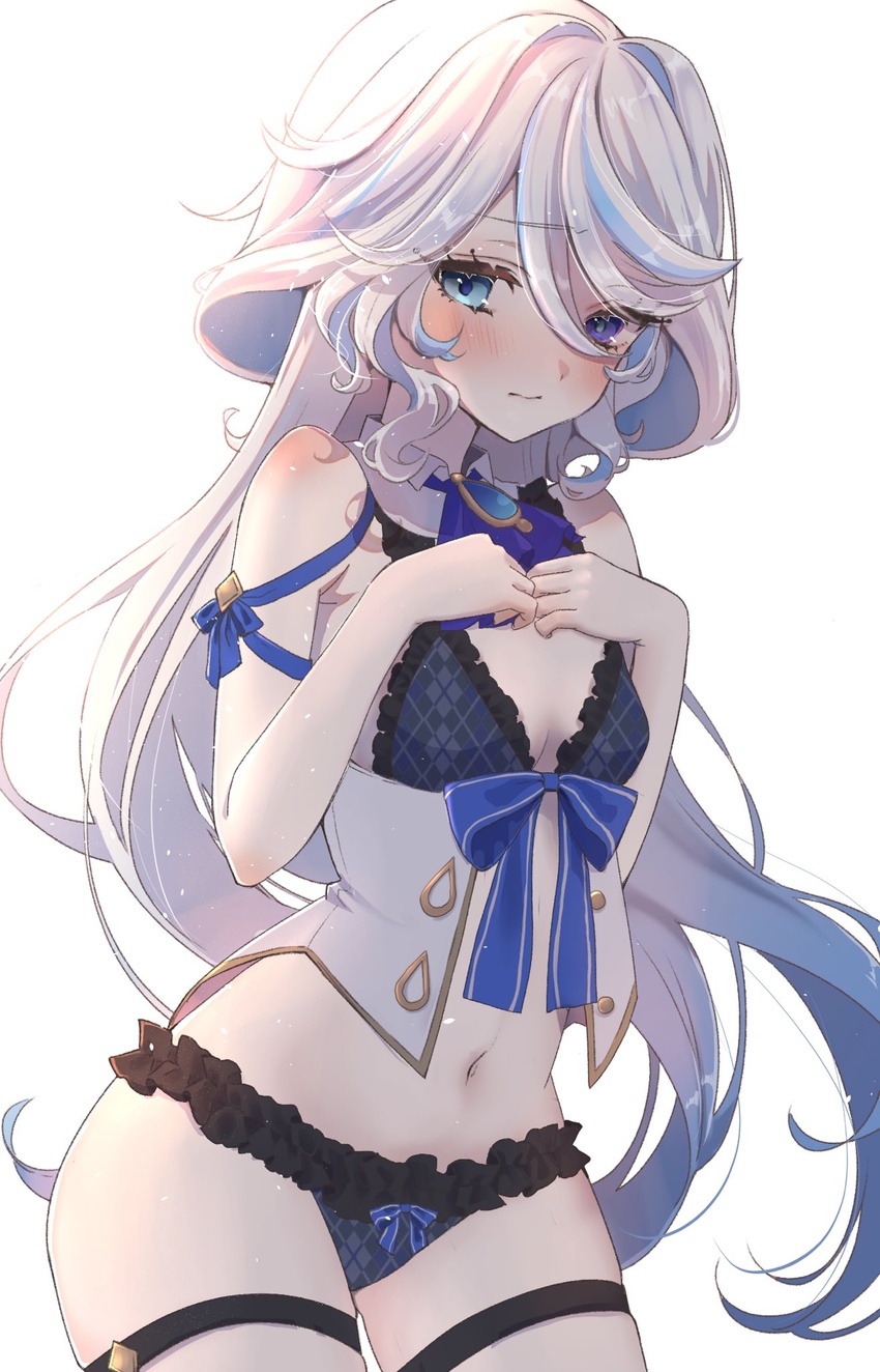 alternate_costume ascot bare_arms blue_ascot blue_brooch blue_eyes blue_hair blush breasts closed_mouth commentary cowboy_shot female furina_(genshin_impact) furrowed_brow genshin_impact hair_between_eyes heterochromia highres light_blue_hair long_hair looking_at_viewer multicolored_hair navel sidelocks simple_background small_breasts solo stomach streaked_hair thighs tomoshibi_(rokugatsu) two-tone_hair white_background