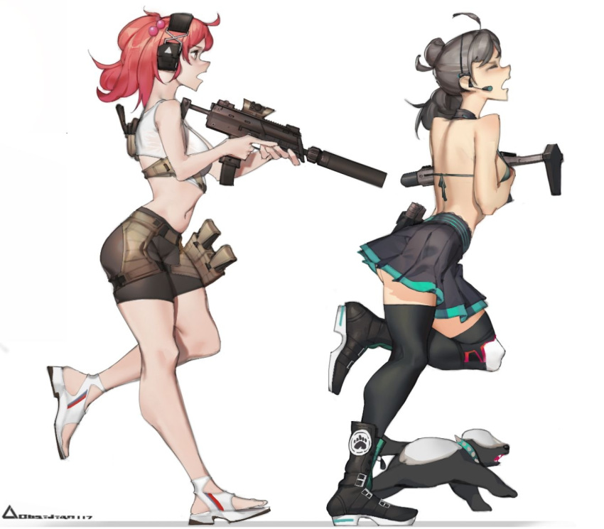 2girls aac_honey_badger ahoge animal artist_name assault_rifle bike_shorts bikini boots breasts closed_eyes crop_top ear_protection earpiece from_side full_body girls'_frontline grey_hair gun h&k_mp7 hair_ornament holding holding_gun holding_weapon honey_badger honey_badger_(girls'_frontline) medium_breasts medium_hair mp7_(girls'_frontline) multiple_girls navel open_mouth pleated_skirt red_hair rifle rosetta(obsidian117) running sandals scope skirt submachine_gun suppressor swimsuit weapon white_background yellow_eyes