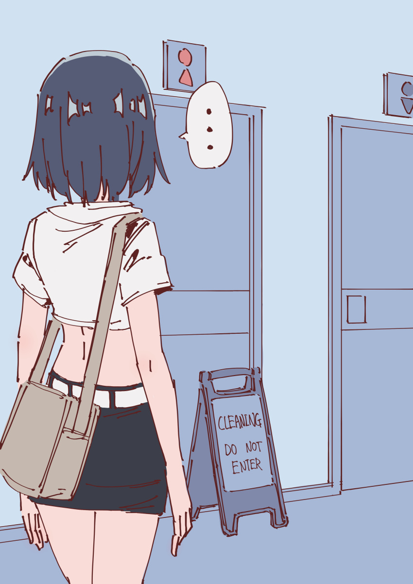 ... absurdres bag bathroom belt blue_hair bob_cut closed_sign crop_top dark_blue_hair denim denim_skirt english_text highres messenger_bag midriff miniskirt original restroom_sign rune_(dualhart) shirt short_hair shoulder_bag sign skirt spoken_ellipsis thalia_(rune_(dualhart)) warning_sign white_belt white_shirt