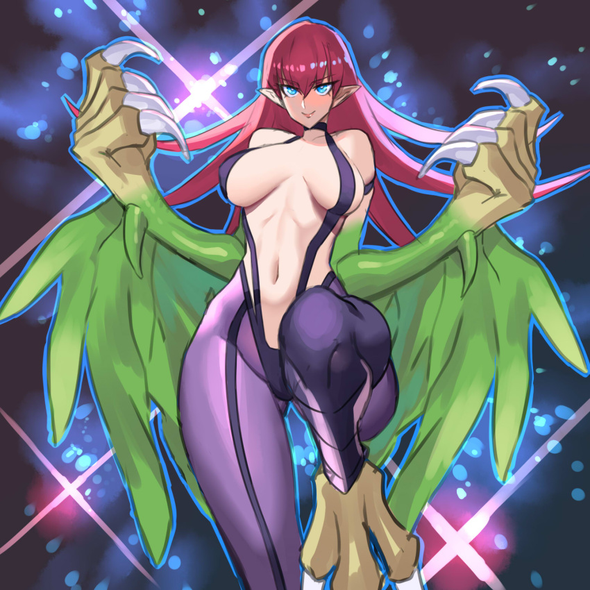 blue_eyes blush breasts claws commentary_request duel_monster eyelashes feathered_wings female harpie_lady harpie_lady_1 harpy highres large_breasts long_hair looking_at_viewer monster_girl navel pantyhose pointy_ears purple_pantyhose red_hair revealing_clothes slingshot_swimsuit solo swimsuit talons ukimukai very_long_hair wings yu-gi-oh!