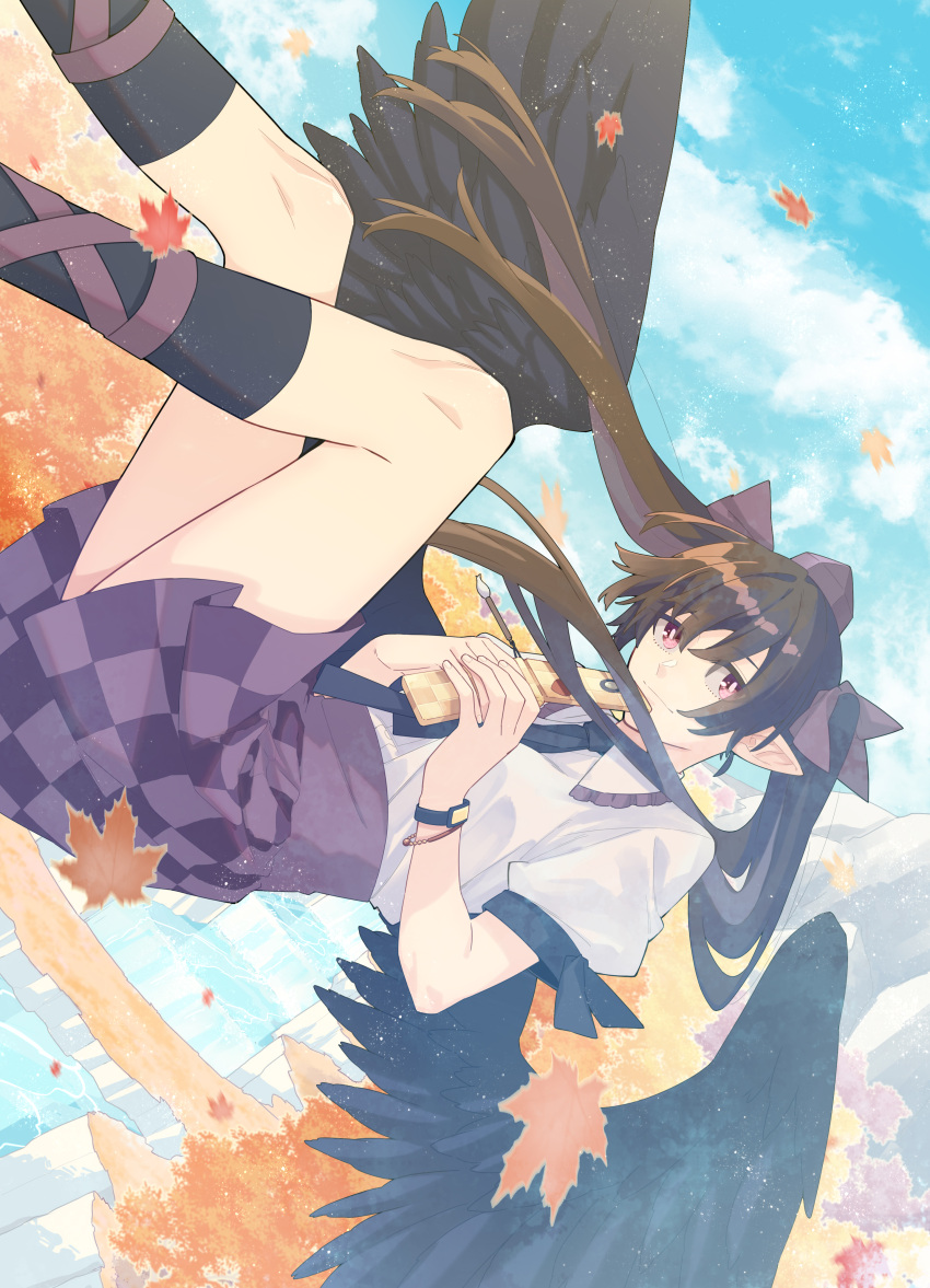 absurdres autumn_leaves black_necktie black_socks blue_sky brown_hair cellphone checkered_clothes checkered_skirt chinese_commentary closed_mouth cloud commentary_request feet_out_of_frame female flying hat highres himekaidou_hatate holding holding_phone ko_kita leaf long_hair looking_at_viewer maple_leaf necktie phone pink_eyes pointy_ears puffy_short_sleeves puffy_sleeves purple_hat shirt short_sleeves skirt sky socks solo tokin_hat touhou twintails white_shirt