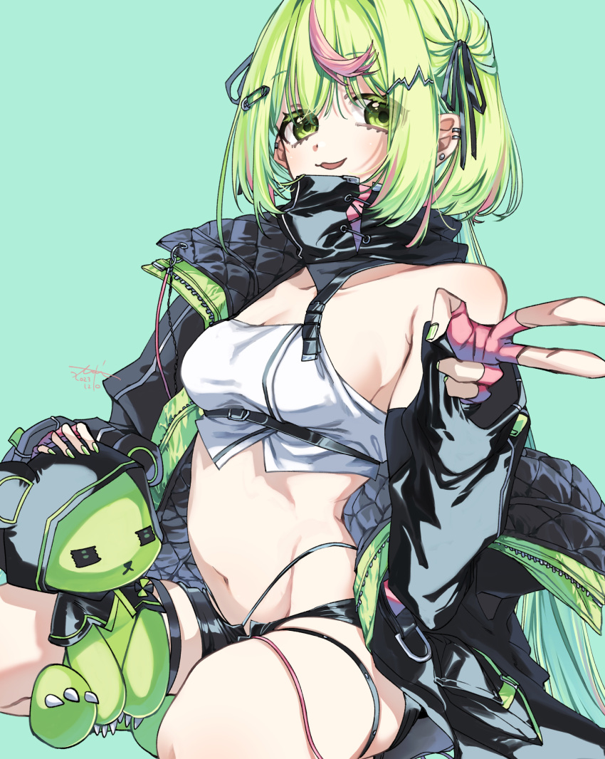 black_jacket black_panties black_shorts blue_background breasts cleavage commentary_request earclip earrings female fingerless_gloves full_body gloves green_eyes green_hair green_nails hair_ornament hairclip highleg highleg_panties highres hinokuma_ran jacket jewelry looking_at_viewer medium_bangs multicolored_hair multiple_earrings nanashi_inc. navel off_shoulder open_clothes open_jacket open_mouth panties pink_gloves pink_hair seiza short_hair shorts sideboob simple_background sitting small_breasts solo strapless streaked_hair stud_earrings stuffed_animal stuffed_toy teddy_bear toridesu949914 tube_top two-tone_hair underwear virtual_youtuber white_tube_top