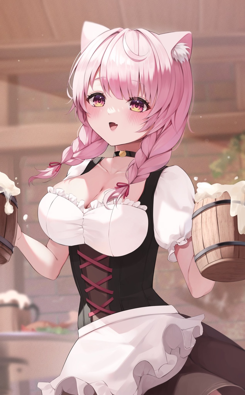 adapted_costume ahoge alcohol animal_ear_fluff animal_ears apron beer beer_mug black_choker blurry blurry_background blush braid breasts cat_ears cat_girl choker cleavage collarbone commentary_request commission cross-laced_clothes cup dirndl drink female frilled_apron frills german_clothes hair_ribbon highres holding holding_cup holding_drink indie_virtual_youtuber indoors izumiya_konomi large_breasts long_hair mug oerba_yun_fang open_mouth overflowing pink_hair puffy_short_sleeves puffy_sleeves purple_eyes red_ribbon ribbon short_sleeves skeb_commission skin_fang smile solo twin_braids twintails two-tone_eyes tyabesu underbust upper_body virtual_youtuber waist_apron white_apron yellow_eyes