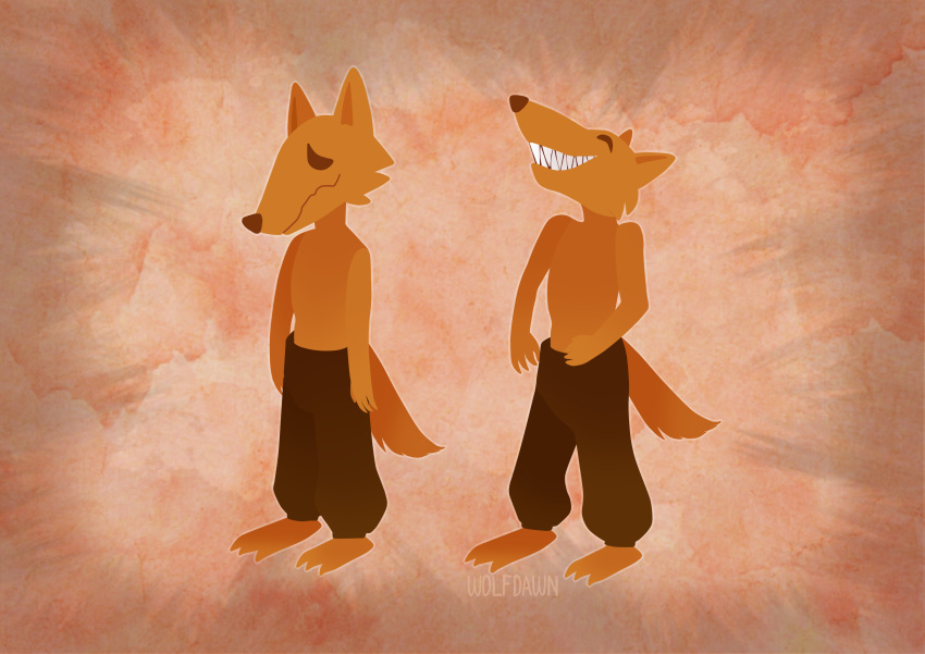 3_toes 4_fingers absurd_res anthro artist_name bottomwear brown_bottomwear brown_clothing brown_pants canid canine canis closed_eyes clothed clothing coyote feet fingers from_felidae fur grin happy hi_res male mammal nan_quest orange_body orange_fur pants pants_only sad santiago_(nq) sharp_teeth smile snout solo standing tail teeth three-quarter_view toes