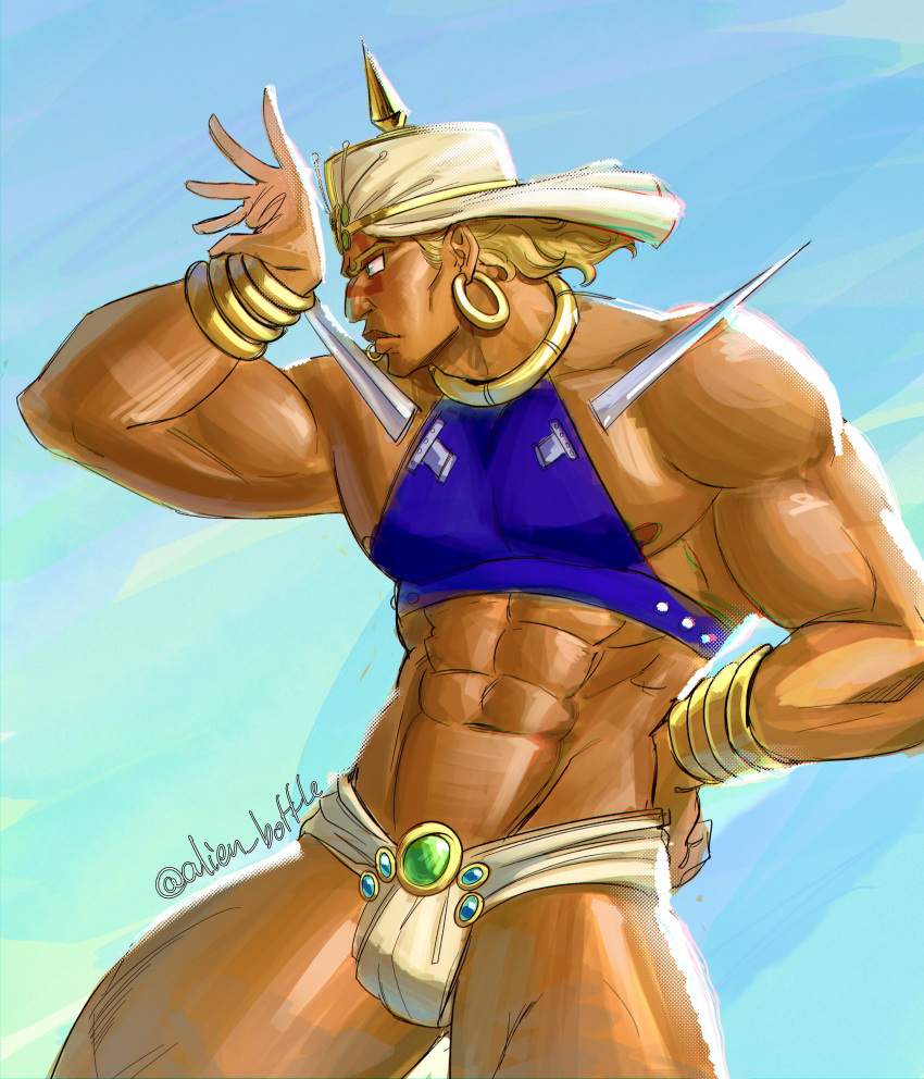 1boy abs absurdres bara battle_tendency blonde_hair bulge dark-skinned_male dark_skin demonicboimike earrings facial_hair feet_out_of_frame from_side gold highres hoop_earrings jewelry jojo_no_kimyou_na_bouken large_pectorals loincloth male_focus mature_male midriff muscular muscular_male navel nipple_slip nipples pectorals posing profile sideburns_stubble sidepec solo stomach stubble thick_eyebrows thick_thighs thighs turban wamuu