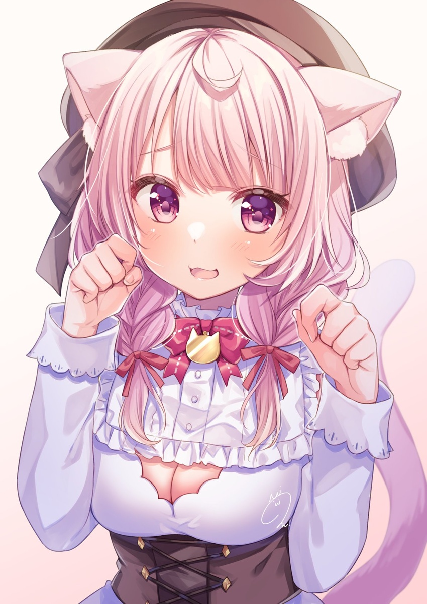 :d ahoge animal_ear_fluff animal_ears beret bow bowtie braid breasts brown_hat brown_ribbon cat_ears cat_girl cat_tail cleavage cleavage_cutout clothing_cutout commentary_request commission cross-laced_clothes eyes_visible_through_hair female fingernails frilled_shirt frills gradient_background hair_ribbon hands_up hat hat_ribbon highres indie_virtual_youtuber izumiya_konomi kisukekun light_blush long_hair long_sleeves looking_at_viewer medium_breasts open_mouth paw_pose pink_background pink_hair purple_eyes purple_tail red_bow red_bowtie red_ribbon ribbon shirt signature skeb_commission smile solo tail twin_braids twintails underbust upper_body virtual_youtuber wavy_mouth white_background white_shirt