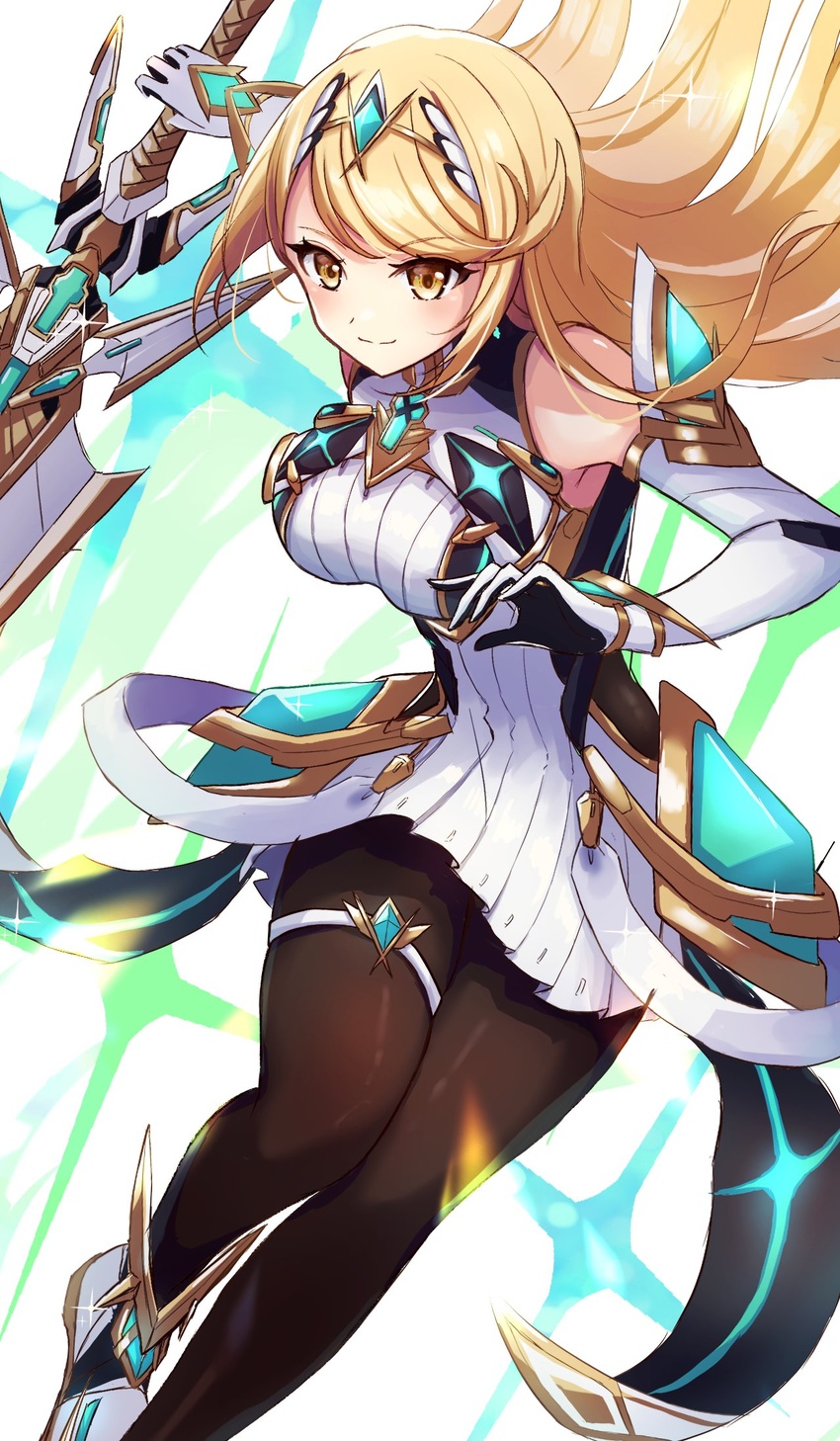 aegis_sword_(xenoblade) aqua_gemstone arm_guards bare_shoulders black_pantyhose blonde_hair breasts chest_jewel closed_mouth dress drop_earrings earrings elbow_gloves female gem gloves highres jewelry large_breasts long_hair microdress mythra_(massive_melee)_(xenoblade) mythra_(xenoblade) neon_trim norimaki_(nrmk_norinori) pantyhose sleeveless sleeveless_dress smile solo super_smash_bros. swept_bangs thigh_strap tiara very_long_hair white_dress xenoblade_chronicles_(series) xenoblade_chronicles_2 yellow_eyes