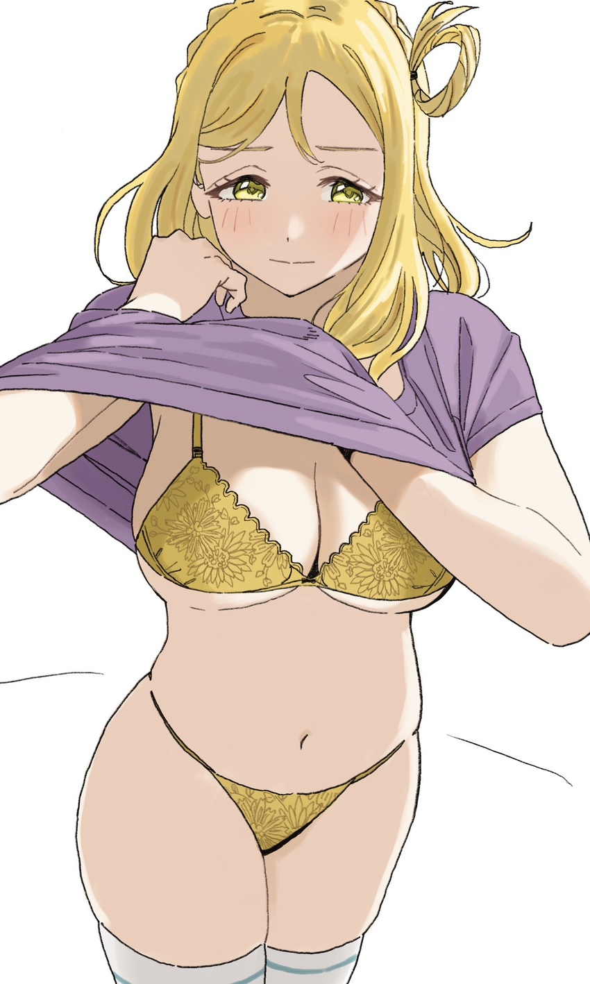 blonde_hair blue_eyes blush bra breasts cleavage closed_mouth clothes_lift commentary_request cowboy_shot dunchy expressionless female hair_rings highres large_breasts looking_at_viewer love_live! love_live!_sunshine!! medium_hair navel ohara_mari panties purple_shirt shirt shirt_lift short_sleeves simple_background solo stomach thighhighs underboob underwear white_background white_thighhighs yellow_bra yellow_eyes yellow_panties