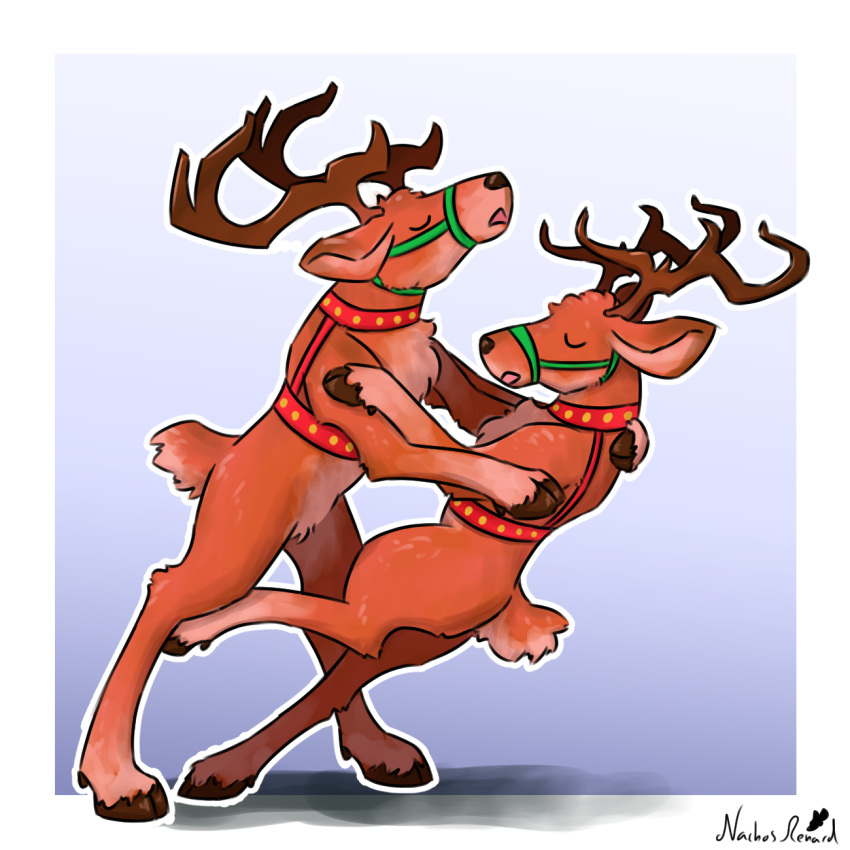 1:1 antlers brown_body brown_fur candy candy_cane candy_in_mouth dancing deer dessert feral food fur harness hi_res horn hug intraspecies male male/male mammal muzzle_(object) nachosrenard new_world_deer reindeer spot's_magical_christmas spot_the_dog_(series)