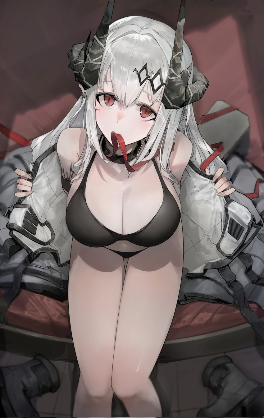 arknights black_bra black_choker black_panties bra breasts choker cleavage demon_horns female from_above hammer highres horns huinjebi jumpsuit large_breasts long_hair looking_at_viewer material_growth mouth_hold mudrock_(arknights) mudrock_(elite_ii)_(arknights) open_jumpsuit oripathy_lesion_(arknights) panties red_eyes red_ribbon removing_jacket ribbon shoes sitting sledgehammer underwear unworn_shoes white_hair white_jumpsuit