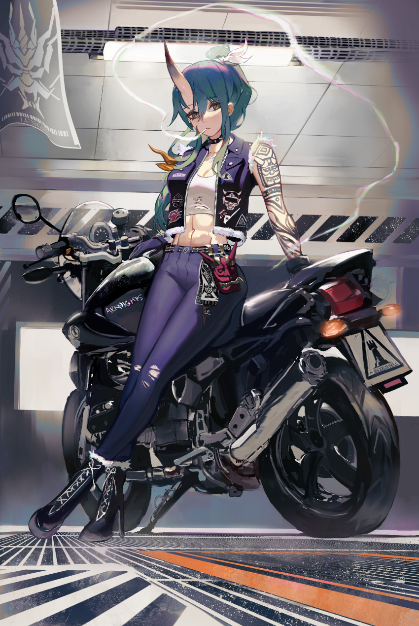 abs absurdres alternate_costume arknights arm_support arm_tattoo armband asymmetrical_hair asymmetrical_sidelocks backlighting bare_arms bare_shoulders belt belt_buckle biker_clothes black_belt black_choker black_footwear black_gloves blue_jacket blue_pants boots breast_pocket breasts buckle buttons ceiling ceiling_light choker chromatic_aberration cigarette cleavage closed_mouth collared_jacket commentary_request copyright_name crop_top cropped_shirt cross-laced_footwear crossed_legs denim expressionless eyelashes female flag flag_print fluorescent_lamp from_below from_side full_body fur-trimmed_boots fur-trimmed_jacket fur_trim gloves green_hair hair_between_eyes hair_ribbon hand_rest heel_up high_heel_boots high_heels high_ponytail highres horned_mask horns hoshiguma_(arknights) indoors inhaling jacket jeans jewelry lace-up_boots leaning leaning_against_motorcycle logo long_bangs long_hair looking_at_viewer looking_down looking_to_the_side lungmen_guard_department_logo mask medium_breasts midriff motor_vehicle motorcycle mouth_hold muscular muscular_female navel necklace oni oni_mask open_clothes open_jacket orange_armband pants parking_garage parking_lot patch pocket ponytail print_jacket red_horns red_mask rhodes_island_logo_(arknights) ribbon road scar scar_on_cheek scar_on_face shirt shoelaces single_horn skin-covered_horns sleeveless sleeveless_jacket smoke smoke_trail smoking solo spiked_choker spikes standing standing_on_one_leg stomach subu_art tattoo tile_ceiling tiles torn_clothes torn_jeans torn_pants torn_shirt variant_set vehicle_request very_long_hair white_ribbon white_shirt wing_collar yamaha yellow_eyes