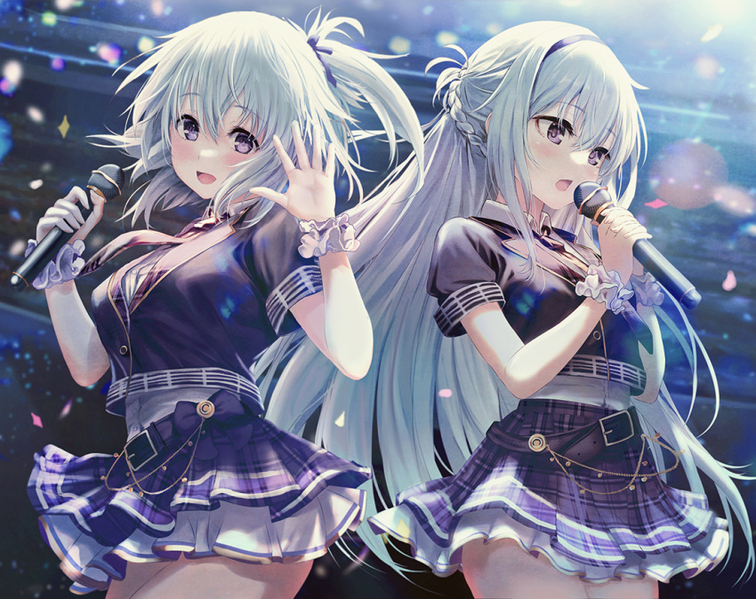 2girls ai_(re:lief) belt black_bow black_hairband black_jacket black_ribbon blurry blurry_background bow braid breasts collared_shirt commentary_request commission cropped_jacket grey_hair hair_ribbon hairband holding holding_microphone idol jacket kurono_mitsuki long_hair microphone multiple_girls necktie open_mouth plaid plaid_skirt purple_eyes purple_skirt re:lief_~shin'ai_naru_anata_e~ ribbon scrunchie shirt short_hair short_sleeves skeb_commission skirt white_scrunchie white_shirt wrist_scrunchie yuu_(re:lief)