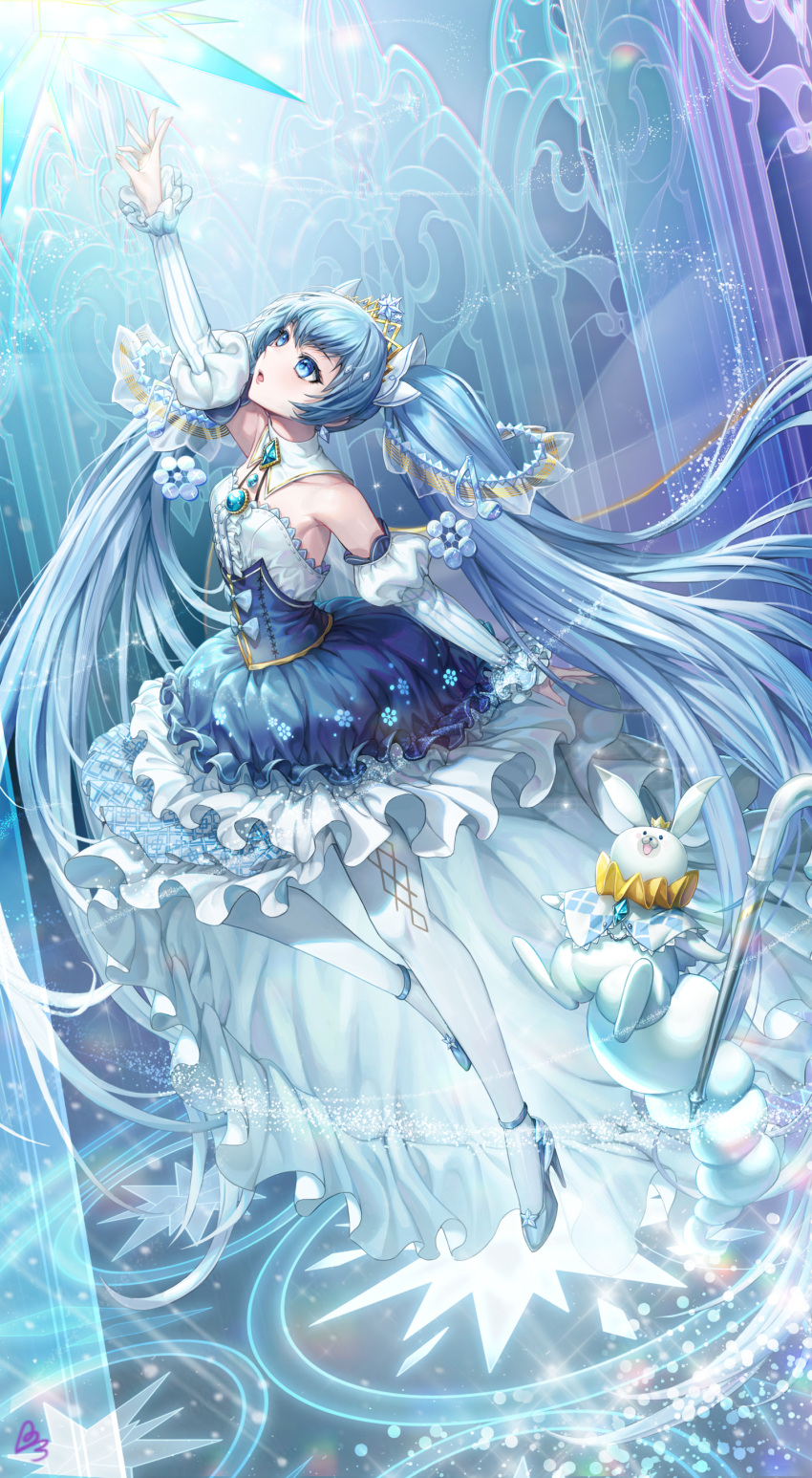 absurdres animal arm_up blue_eyes blue_hair box_(hotpppink) brooch cane commentary detached_collar detached_sleeves dress eighth_note female frilled_dress frills full_body hair_ornament hatsune_miku high_heels highres holding holding_cane jewelry layered_dress light_particles long_hair looking_up magic_circle musical_note musical_note_hair_ornament open_mouth pantyhose puffy_detached_sleeves puffy_sleeves rabbit rabbit_yukine reaching signature snowflake_hair_ornament solo strapless strapless_dress tiara twintails very_long_hair vocaloid yuki_miku yuki_miku_(2019)