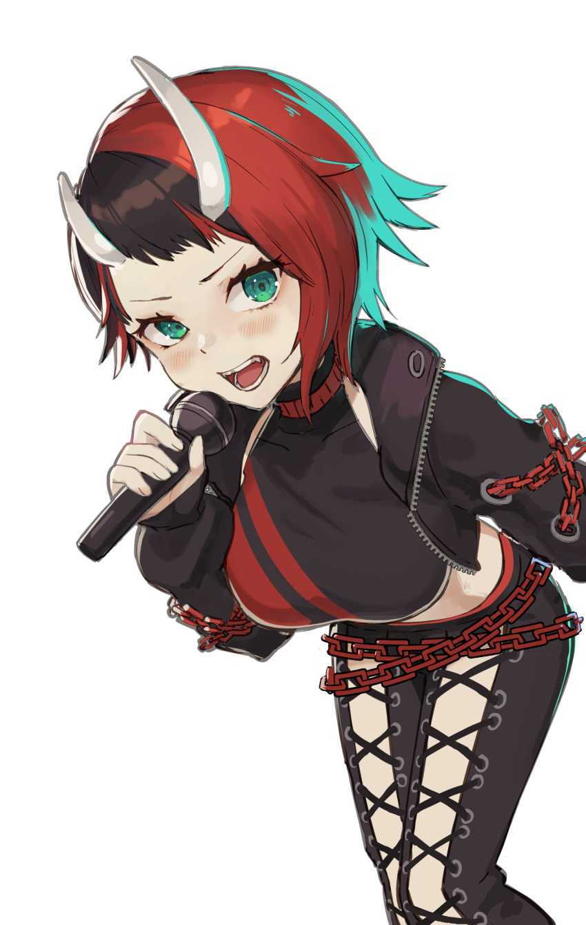 absurdres asymmetrical_horns black_hair black_jacket black_pants black_sports_bra blue_eyes breasts chains commentary_request cropped_jacket cross-laced_pants demon_girl demon_horns feet_out_of_frame female highres holding holding_microphone horns jacket kyousei_leica large_breasts long_sleeves looking_at_viewer microphone midriff multicolored_hair nanashi_inc. open_clothes open_jacket open_mouth pants red_hair red_sports_bra ryugasaki_rene ryugasaki_rene_(1st_costume) short_bangs short_hair simple_background solo sports_bra two-tone_hair two-tone_sports_bra uneven_horns unzipped virtual_youtuber white_background white_horns