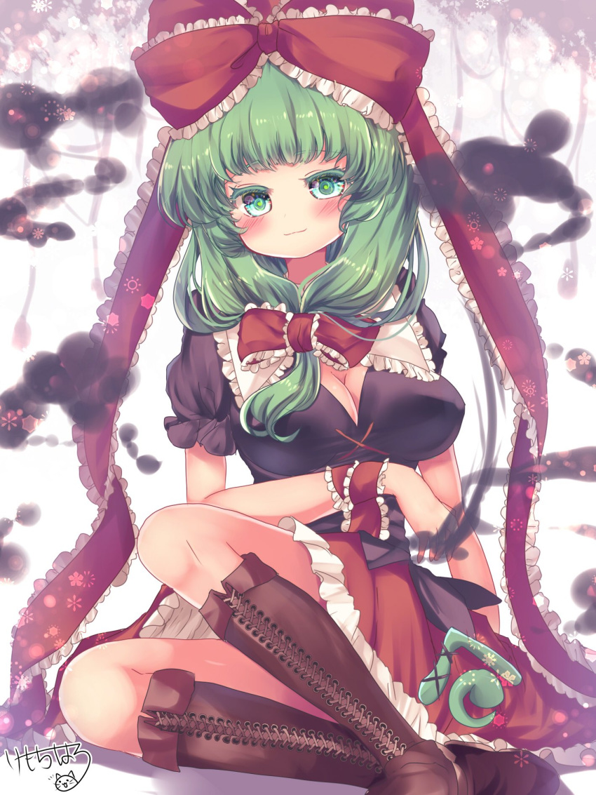 arm_ribbon boots bow breasts brown_footwear cleavage female frilled_bow frilled_ribbon frilled_skirt frills front_ponytail full_body green_eyes green_hair hair_ribbon highres kagiyama_hina kemo_chiharu looking_at_viewer puffy_short_sleeves puffy_sleeves red_ribbon ribbon short_sleeves skirt smile solo touhou